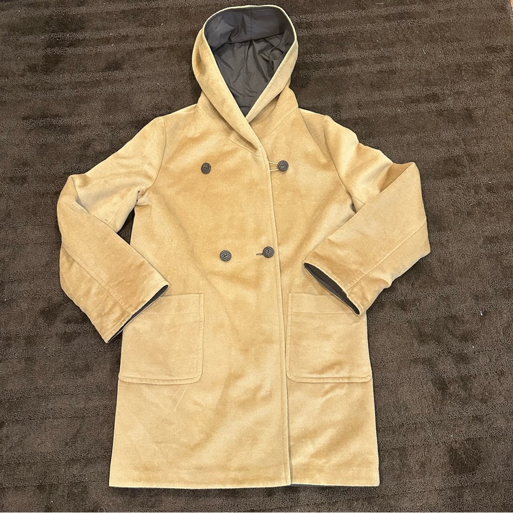 J. Jill Brown Wool Coat Tan Neutral Reversible Longline Jacket Light Size M